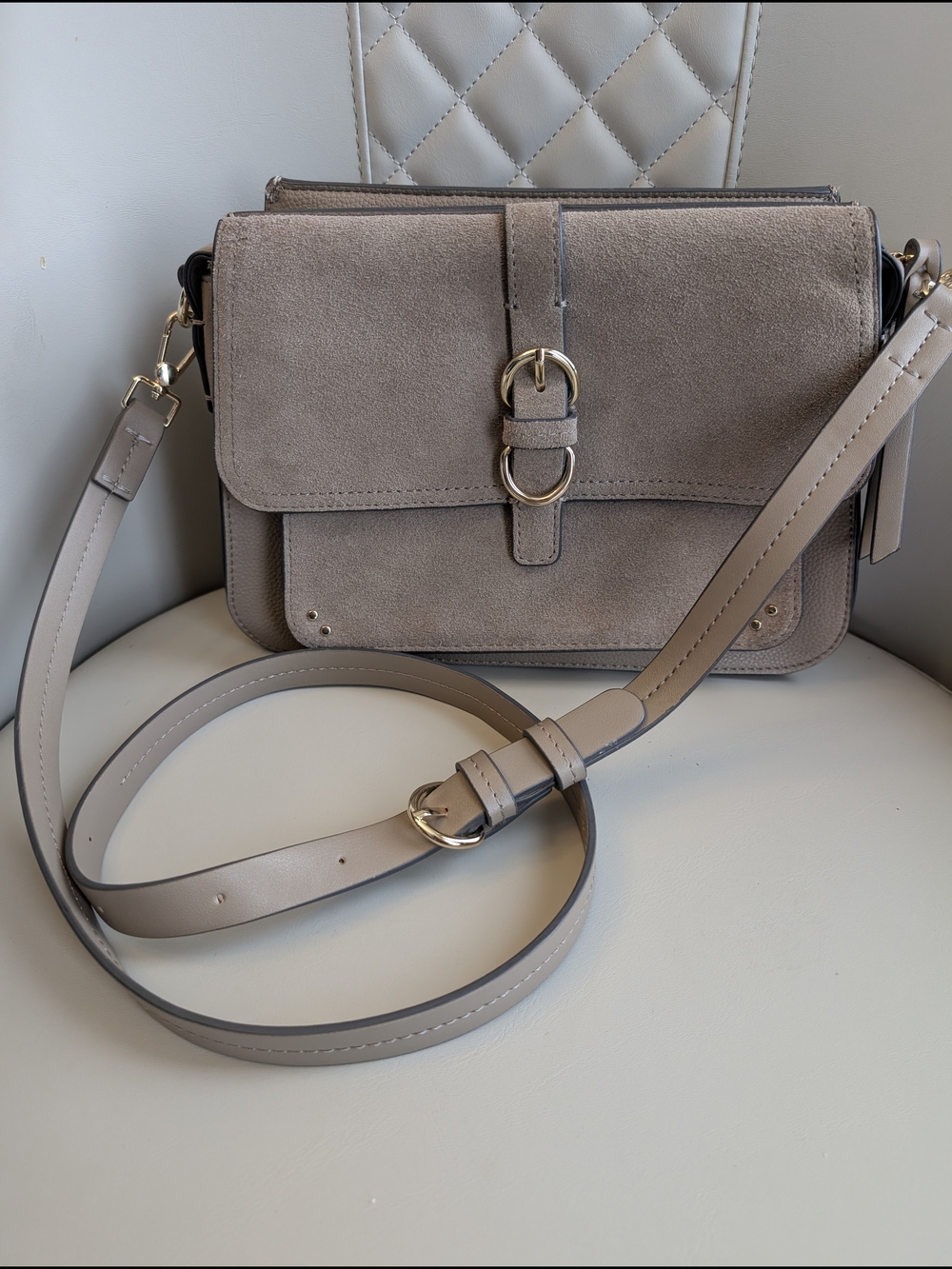 Brand New Parfios Taupe Suede Crossbody Bag with Buckle Detail